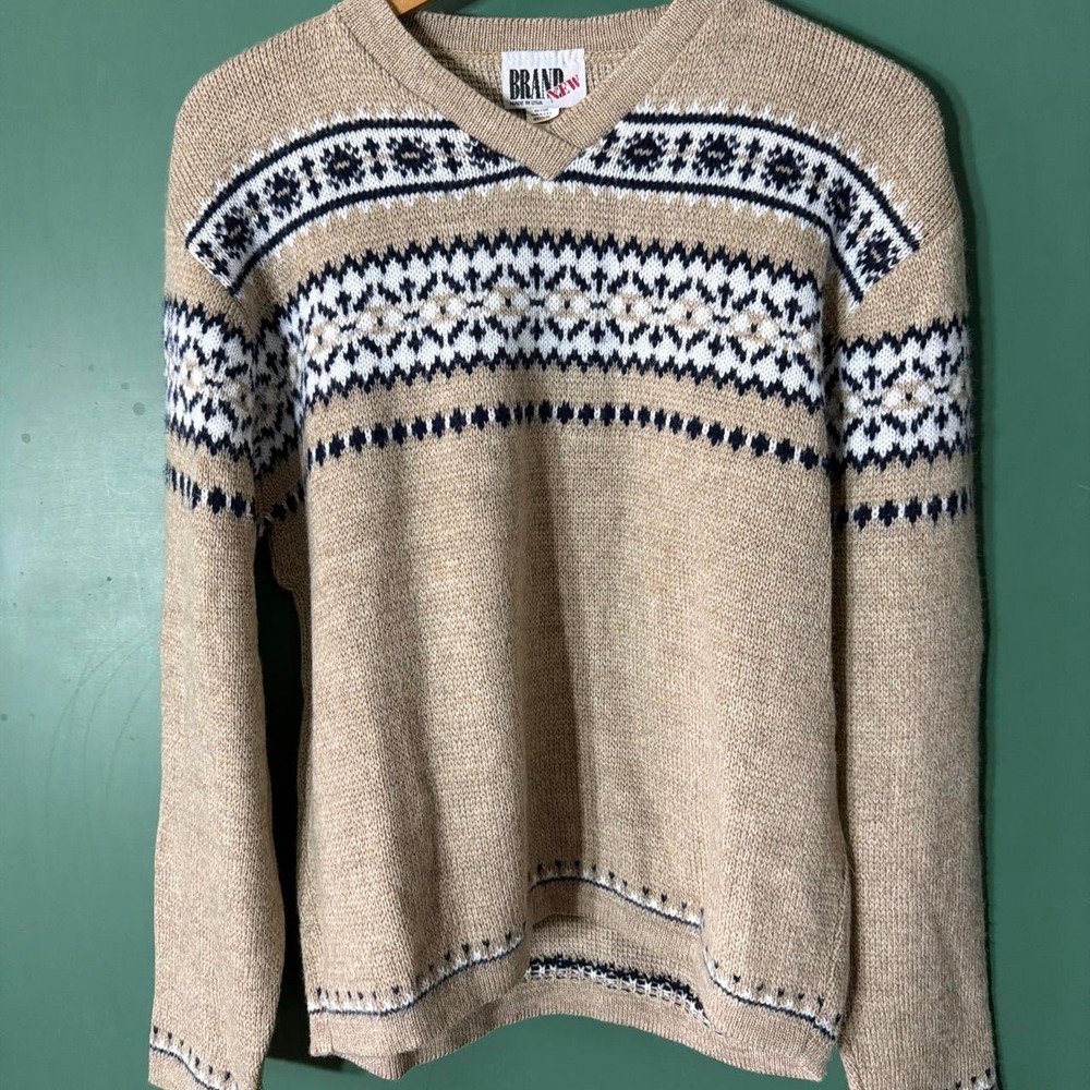 Brand New Vintage 80s Nordic Geometric Pattern Sweater Cream Black Tan M
